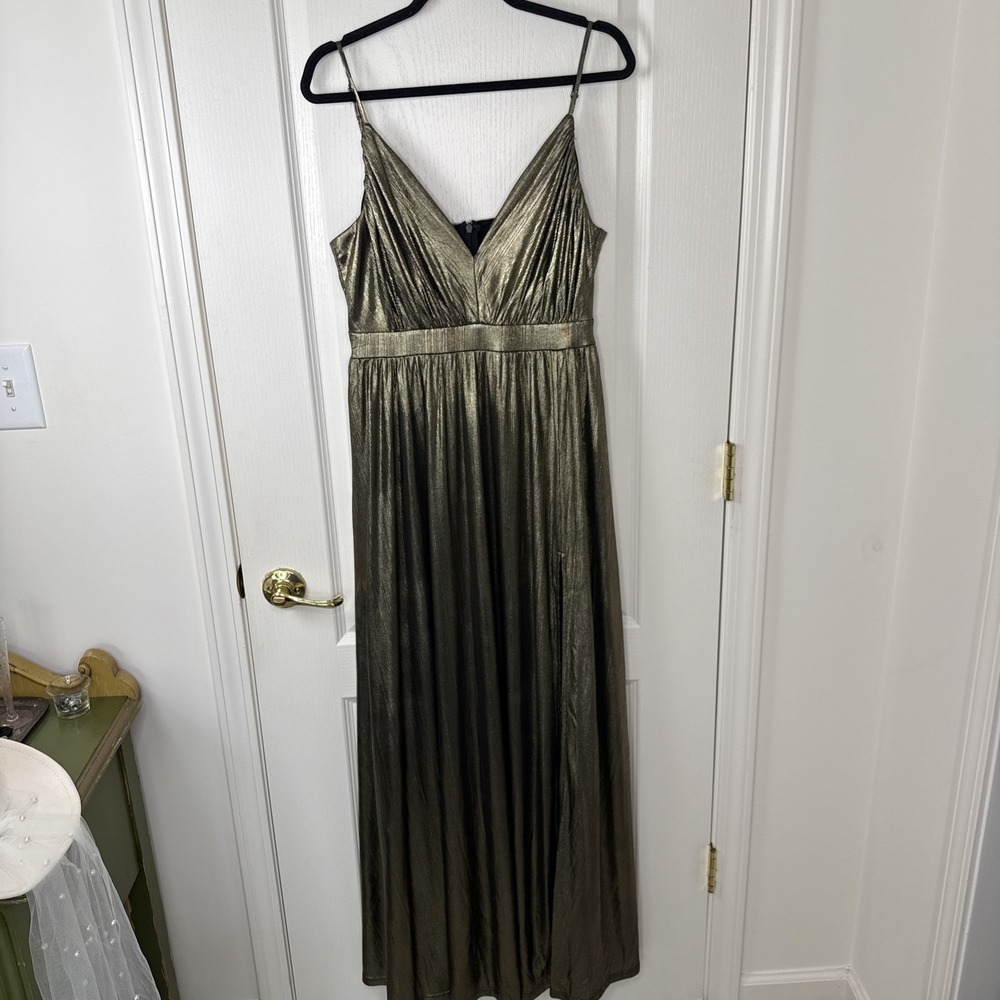 Lulus Womens Large Gold Metallic Pleated Maxi Dress V Neck Slit Formal